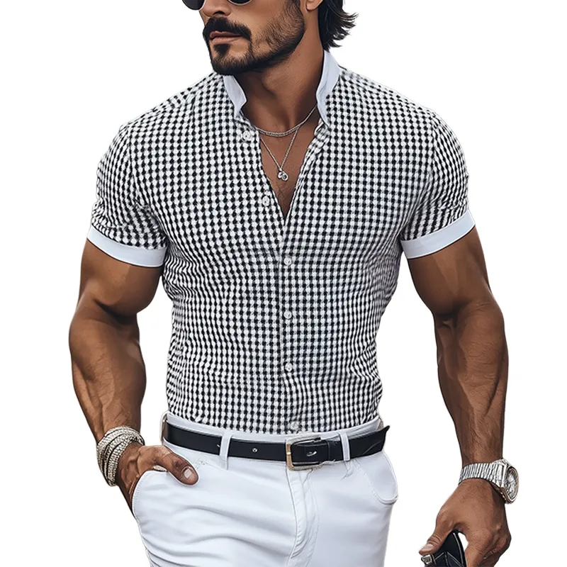 Men's Spring And Summer Fashion Casual Houndstooth Print Stitching Stretch Cotton Blend Stand Collar Slim Short Sleeve Shirt MTA1928E8K sold by Manly