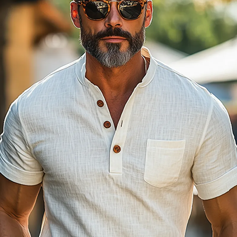 Men's Spring And Summer Fashion Casual Cotton And Linen Tough Guy Henry Collar Wooden Button Short-sleeved T-shirt MTA1905E3K sold by Manly product image thumbnail 4