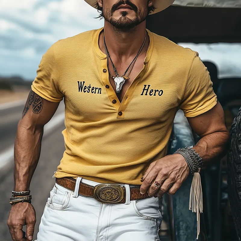 Men's Spring And Summer Fashion Casual Western Cowboy Style Slim Stretch Knitted Henley Collar Flocking Letter Print Short-sleeved T-shirt MTA1920E3K sold by Manly product image thumbnail 3