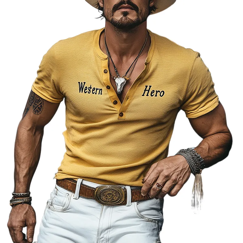 Men's Spring And Summer Fashion Casual Western Cowboy Style Slim Stretch Knitted Henley Collar Flocking Letter Print Short-sleeved T-shirt MTA1920E3K sold by Manly