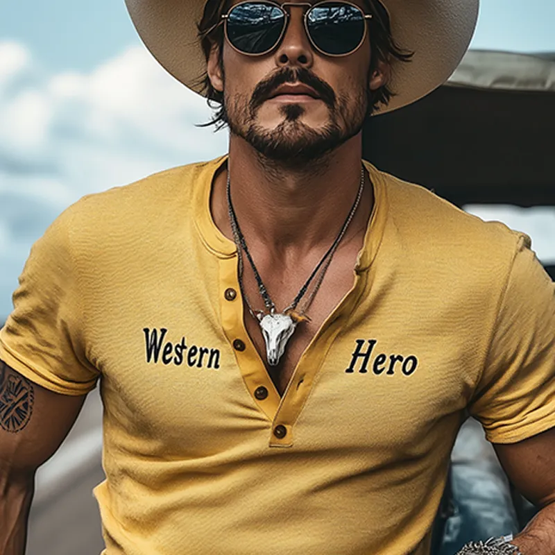 Men's Spring And Summer Fashion Casual Western Cowboy Style Slim Stretch Knitted Henley Collar Flocking Letter Print Short-sleeved T-shirt MTA1920E3K sold by Manly product image thumbnail 4
