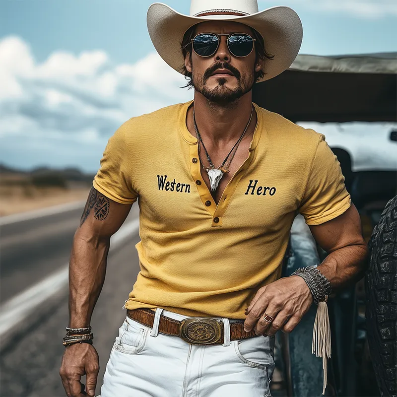 Men's Spring And Summer Fashion Casual Western Cowboy Style Slim Stretch Knitted Henley Collar Flocking Letter Print Short-sleeved T-shirt MTA1920E3K sold by Manly product image thumbnail 2