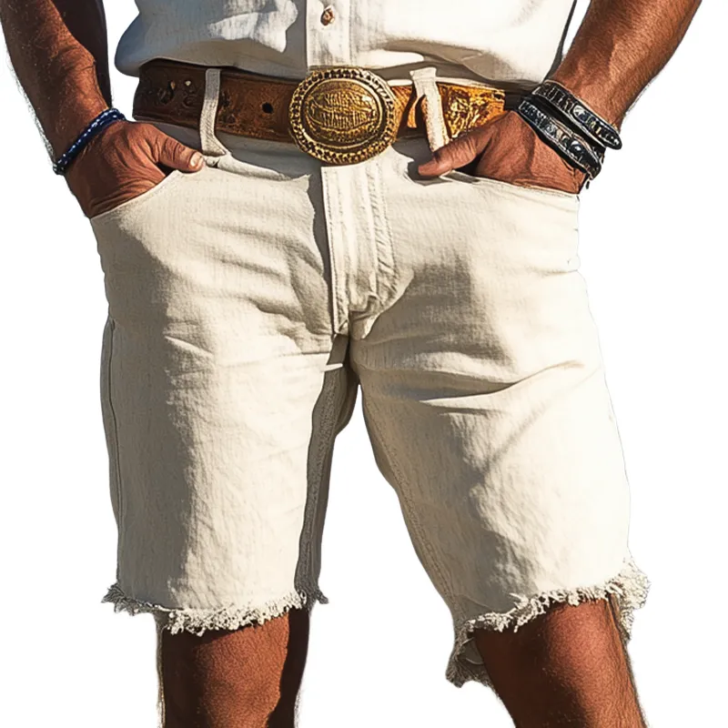 Men's Spring And Summer Fashion Casual Western Tough Style Washed Denim Raw Edge Shorts MTA1695E3K sold by Manly