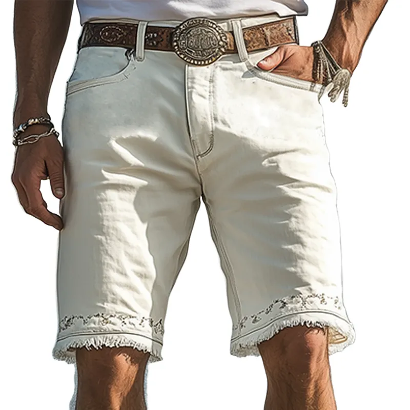 Men's Spring And Summer Fashion Western Tough Style Washed Denim Embroidery Raw Edge Casual Shorts MTA1696E7K sold by Manly