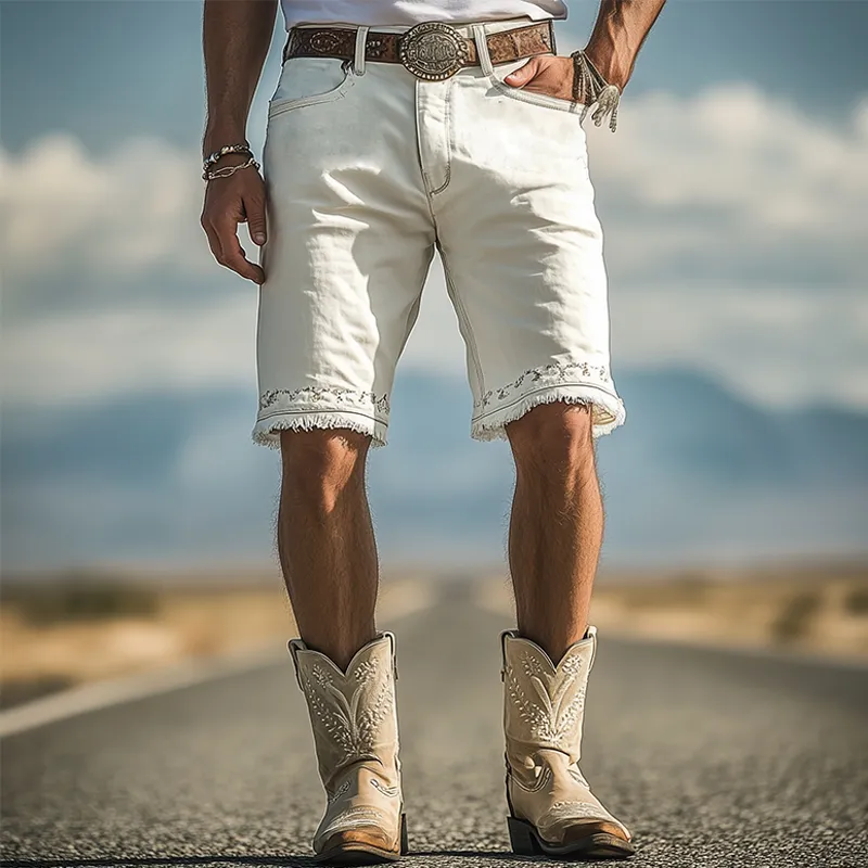 Men's Spring And Summer Fashion Western Tough Style Washed Denim Embroidery Raw Edge Casual Shorts MTA1696E7K sold by Manly product image thumbnail 3