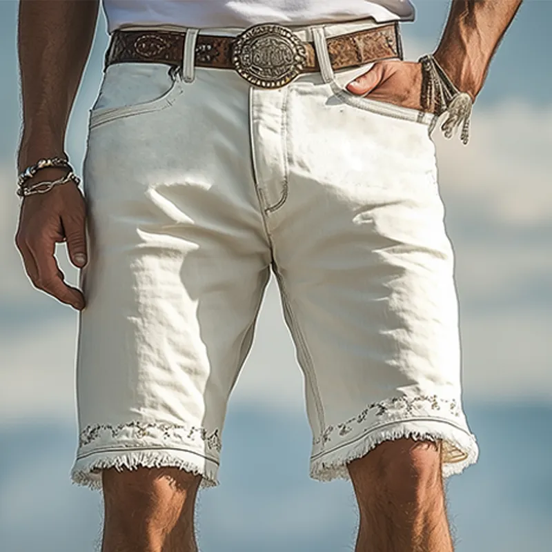 Men's Spring And Summer Fashion Western Tough Style Washed Denim Embroidery Raw Edge Casual Shorts MTA1696E7K sold by Manly product image thumbnail 2