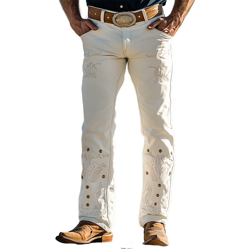 Men's Spring And Summer Fashion Western Tough Style Washed Denim Rivets And Embroidery Decorative Casual Pants MTA1665E4K sold by Manly