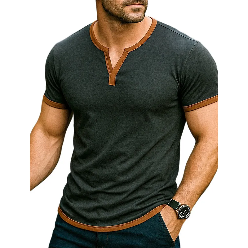 Men's Casual Contrast Color Henley Neck Short Sleeve T-Shirt MTA1945E4X sold by Manly