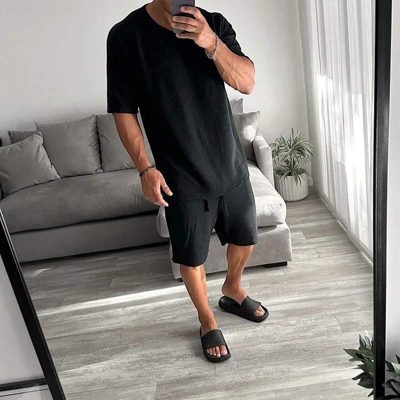 Men's Solid Color Casual Cotton Blend Short-Sleeved Shorts Two-Piece Set MTA1933E9X sold by Manly product image thumbnail 4