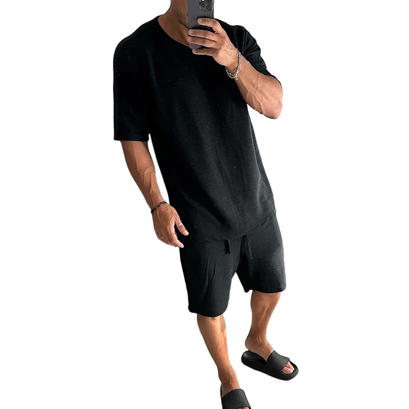 Men's Solid Color Casual Cotton Blend Short-Sleeved Shorts Two-Piece Set MTA1933E9X sold by Manly product image thumbnail 2