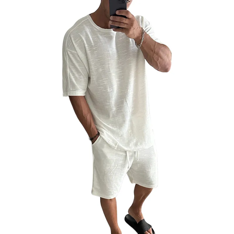 Men's Solid Color Casual Cotton Blend Short-Sleeved Shorts Two-Piece Set MTA1933E9X sold by Manly