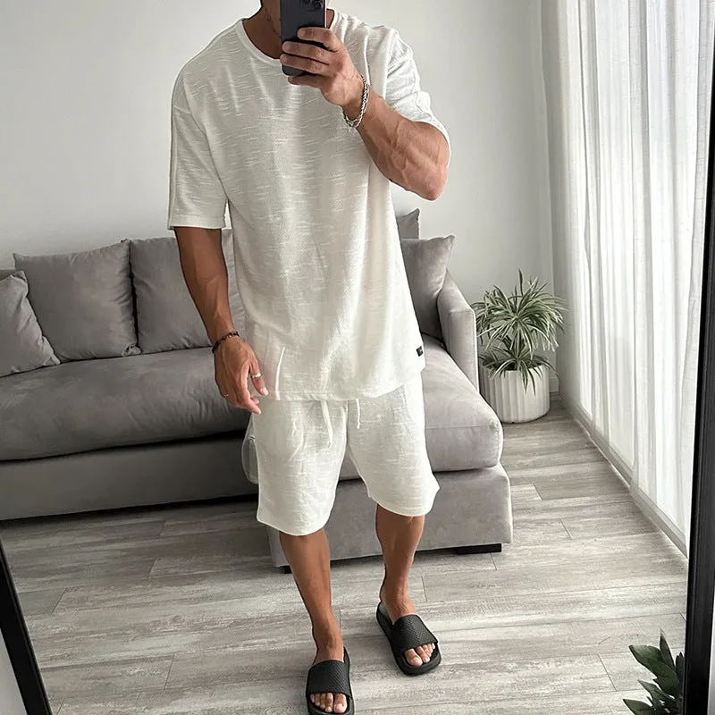 Men's Solid Color Casual Cotton Blend Short-Sleeved Shorts Two-Piece Set MTA1933E9X sold by Manly product image thumbnail 3