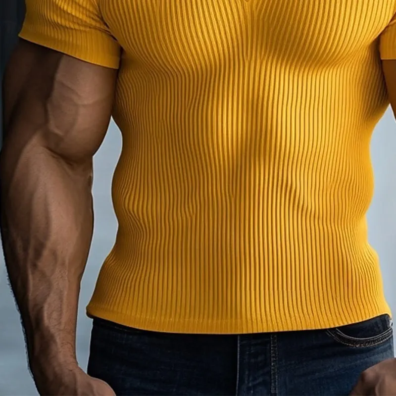 Men's Solid Color V-neck Short-sleeved Knitted Striped T-shirt MTA1956E6X sold by Manly product image thumbnail 3