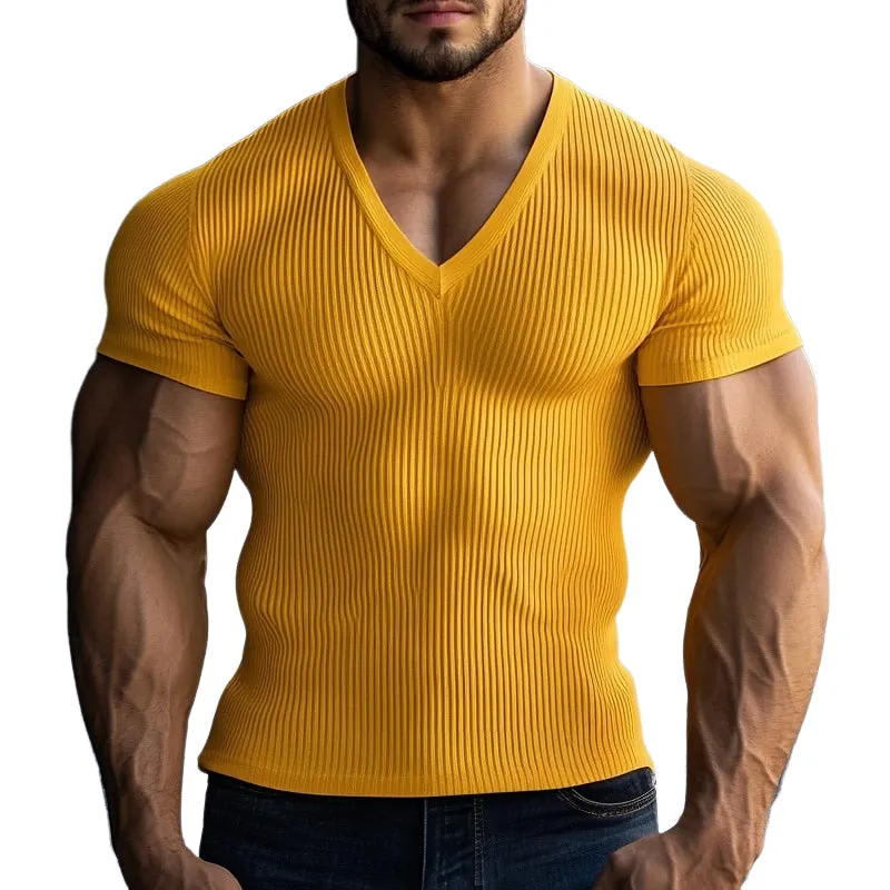 Men's Solid Color V-neck Short-sleeved Knitted Striped T-shirt MTA1956E6X sold by Manly