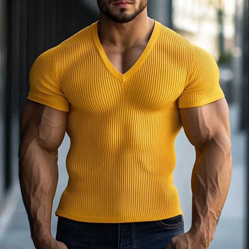 Men's Solid Color V-neck Short-sleeved Knitted Striped T-shirt MTA1956E6X sold by Manly product image thumbnail 2