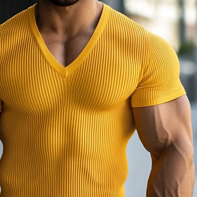 Men's Solid Color V-neck Short-sleeved Knitted Striped T-shirt MTA1956E6X sold by Manly product image thumbnail 4
