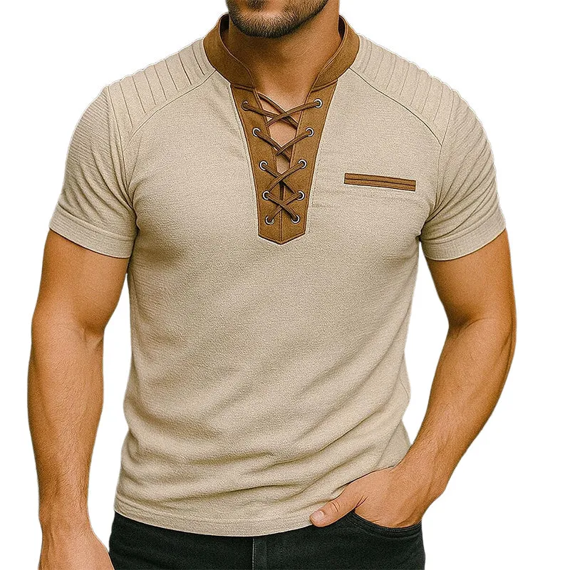Men's Casual Contrast Color Lace-Up Short-Sleeved T-Shirt MTA1924E9X sold by Manly