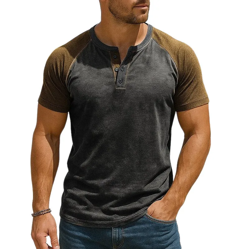 Men's Contrast Henley Collar Short Sleeve T-Shirt MTA1945E7X sold by Manly