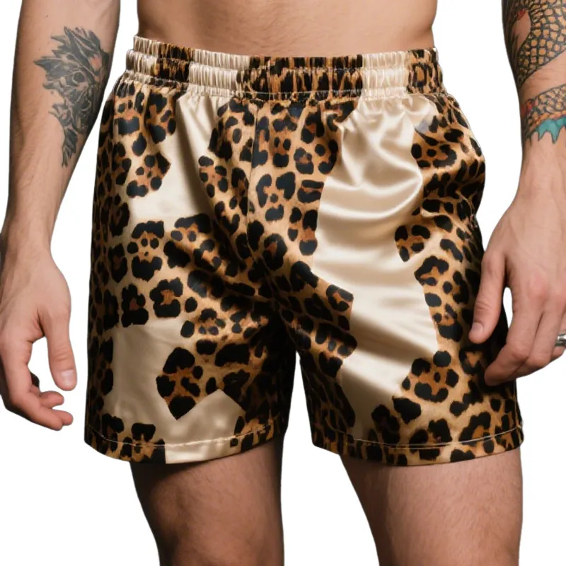 Men's Vintage Leopard Colorblock Casual Print Satin Drawstring Shorts MTA1606E8TO sold by Manly
