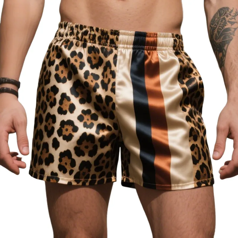 Men's Vintage Leopard Stripe Colorblock Casual Print Satin Drawstring Shorts MTA1664E6TO sold by Manly