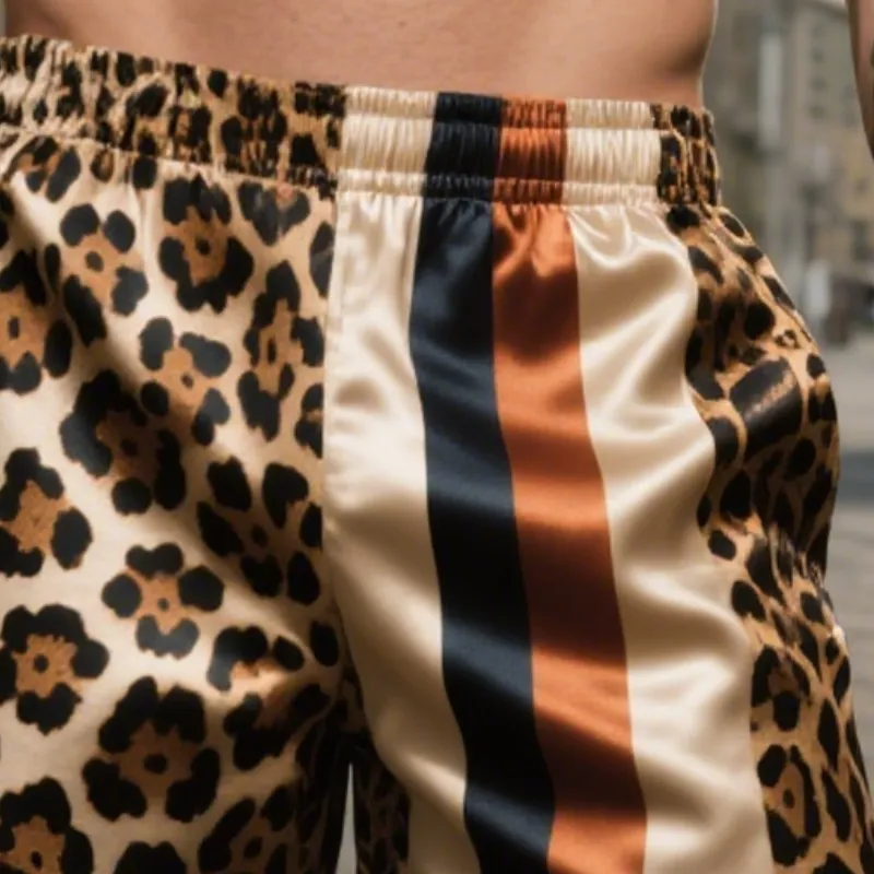 Men's Vintage Leopard Stripe Colorblock Casual Print Satin Drawstring Shorts MTA1664E6TO sold by Manly product image thumbnail 3