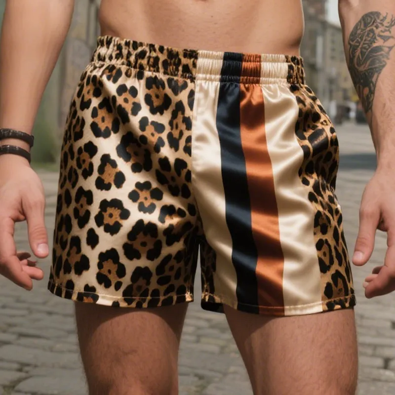 Men's Vintage Leopard Stripe Colorblock Casual Print Satin Drawstring Shorts MTA1664E6TO sold by Manly product image thumbnail 2