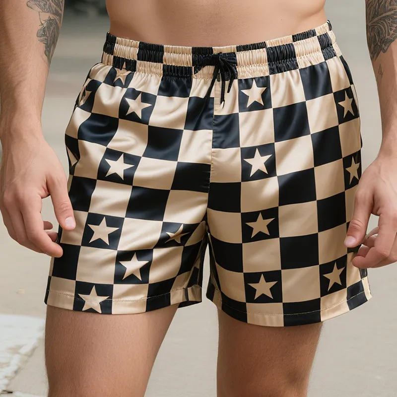 Men's Retro Checkerboard Star Colorblock Casual Print Satin Drawstring Shorts MTA1630E0TO sold by Manly product image thumbnail 2