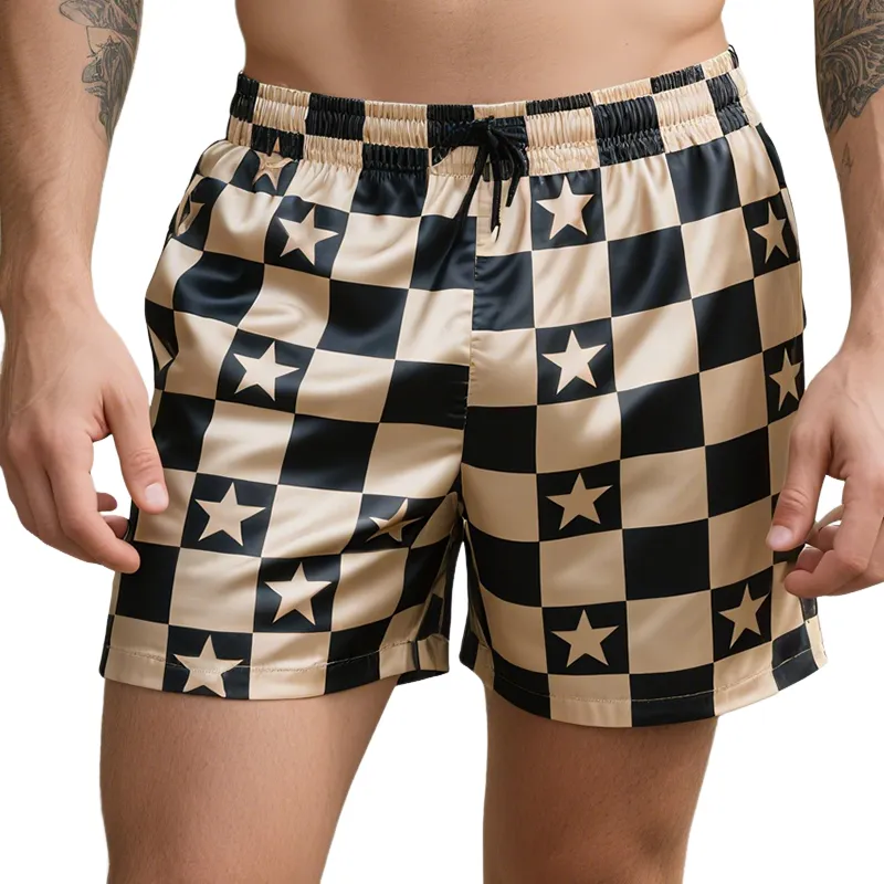Men's Retro Checkerboard Star Colorblock Casual Print Satin Drawstring Shorts MTA1630E0TO sold by Manly
