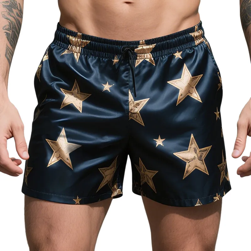 Men's Retro Star Colorblock Casual Print Satin Drawstring Shorts MTA1679E1TO sold by Manly