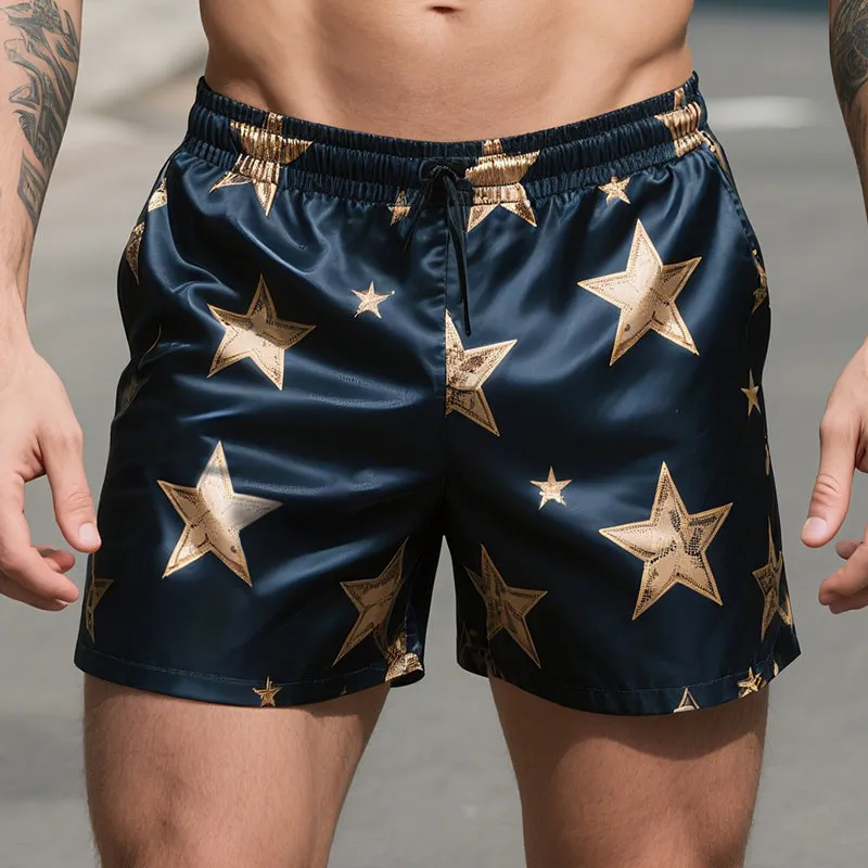 Men's Retro Star Colorblock Casual Print Satin Drawstring Shorts MTA1679E1TO sold by Manly product image thumbnail 2