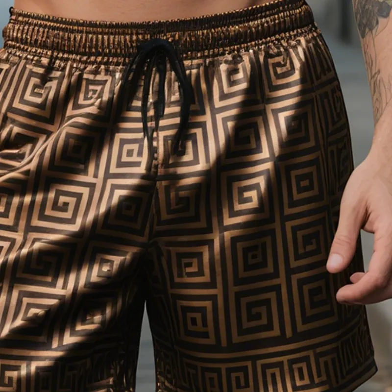 Men's Vintage Greek Key Colorblock Casual Print Satin Drawstring Shorts MTA1666E6TO sold by Manly product image thumbnail 3