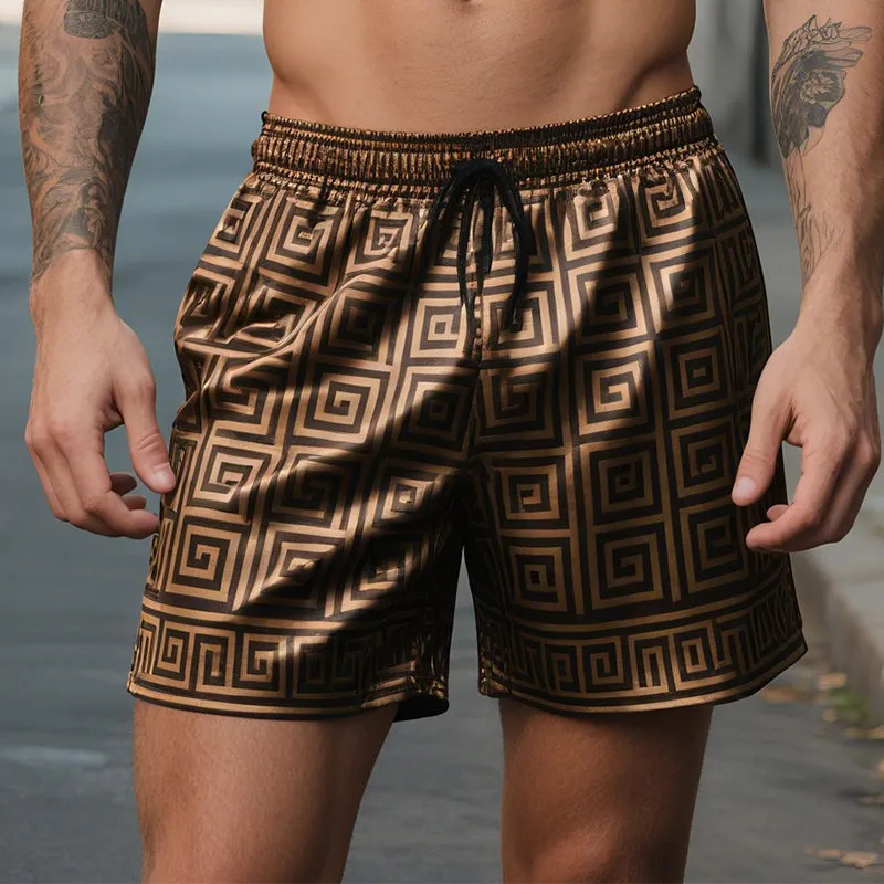 Men's Vintage Greek Key Colorblock Casual Print Satin Drawstring Shorts MTA1666E6TO sold by Manly product image thumbnail 2