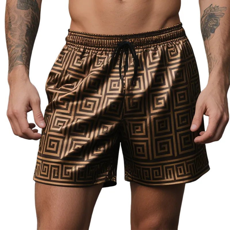 Men's Vintage Greek Key Colorblock Casual Print Satin Drawstring Shorts MTA1666E6TO sold by Manly