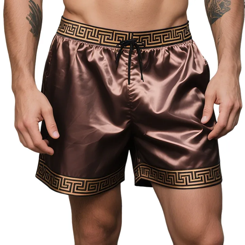 Men's Vintage Greek Key Colorblock Casual Print Satin Drawstring Shorts MTA1682E0TO sold by Manly
