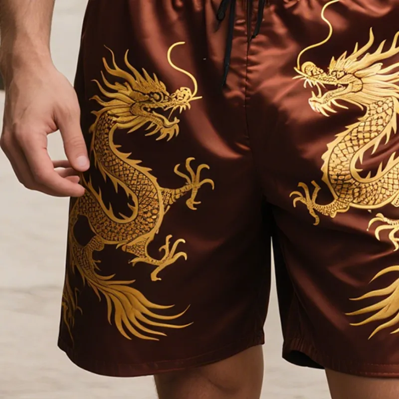 Men's Retro Mythology Dragon Colorblock Casual Print Satin Drawstring Shorts MTA1626E6TO sold by Manly product image thumbnail 3