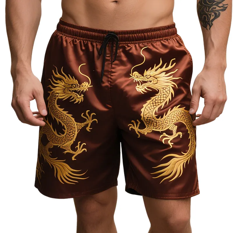 Men's Retro Mythology Dragon Colorblock Casual Print Satin Drawstring Shorts MTA1626E6TO sold by Manly
