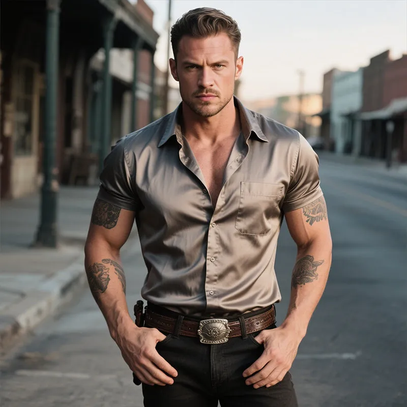 Men's Retro Solid Satin Casual Lapel Short Sleeve Shirt MTA1619E2TO sold by Manly product image thumbnail 2