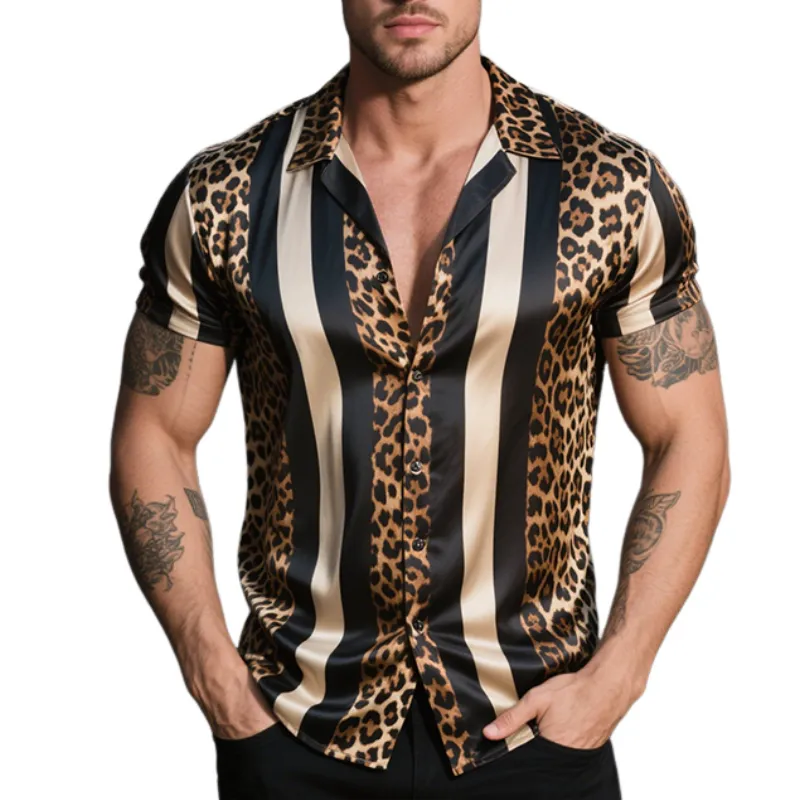 Men's Retro Colorblock Leopard Stripe Casual Satin Print Lapel Short Sleeve Shirt MTA1629E1TO sold by Manly
