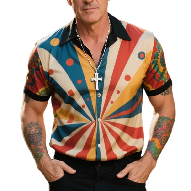 Men's Retro Colorblock Geometric Casual Satin Print Lapel Short Sleeve Shirt  MTA1409E8TO sold by Manly