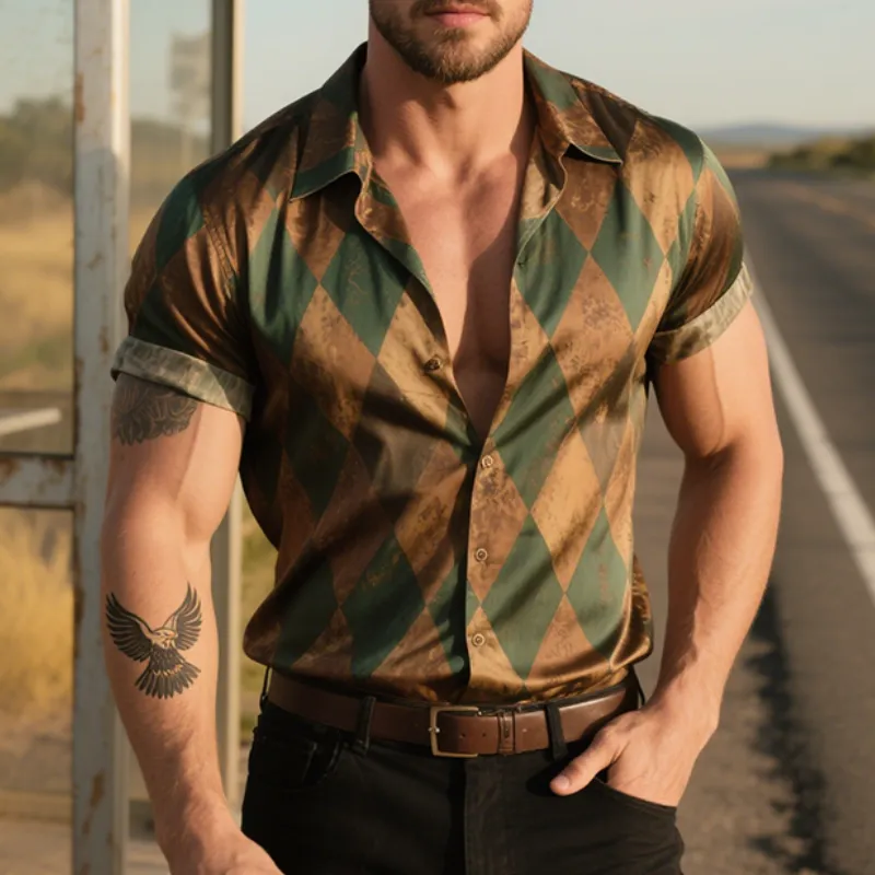 Men's Retro Casual Diamond Print Satin Lapel Short Sleeve Shirt MTA2176E3TO sold by Manly product image thumbnail 2