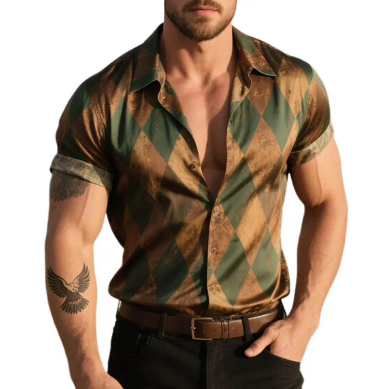 Men's Retro Casual Diamond Print Satin Lapel Short Sleeve Shirt MTA2176E3TO sold by Manly