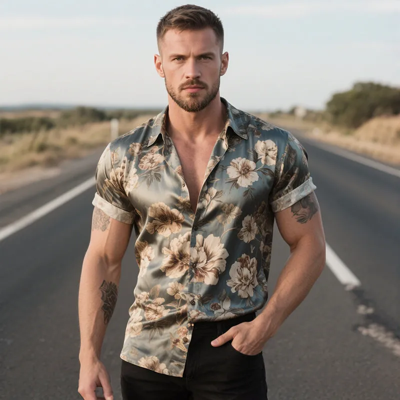 Men's Retro Casual Floral Print Satin Lapel Short Sleeve Shirt MTA2192E8TO sold by Manly product image thumbnail 3