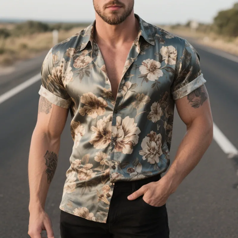 Men's Retro Casual Floral Print Satin Lapel Short Sleeve Shirt MTA2192E8TO sold by Manly product image thumbnail 2