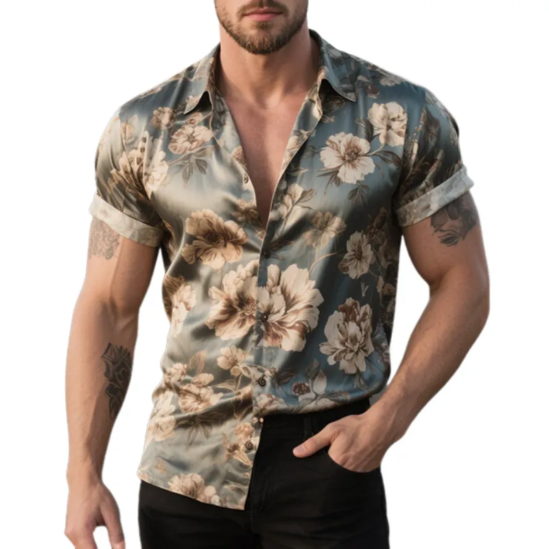 Men's Retro Casual Floral Print Satin Lapel Short Sleeve Shirt MTA2192E8TO sold by Manly
