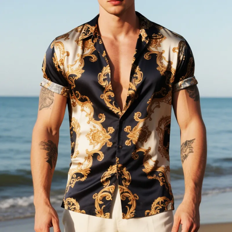 Men's Retro Casual Palace Style Printed Satin Lapel Short Sleeve Shirt MTA2211E0TO sold by Manly product image thumbnail 2