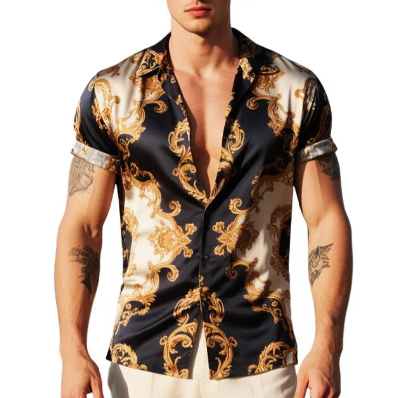 Men's Retro Casual Palace Style Printed Satin Lapel Short Sleeve Shirt MTA2211E0TO sold by Manly
