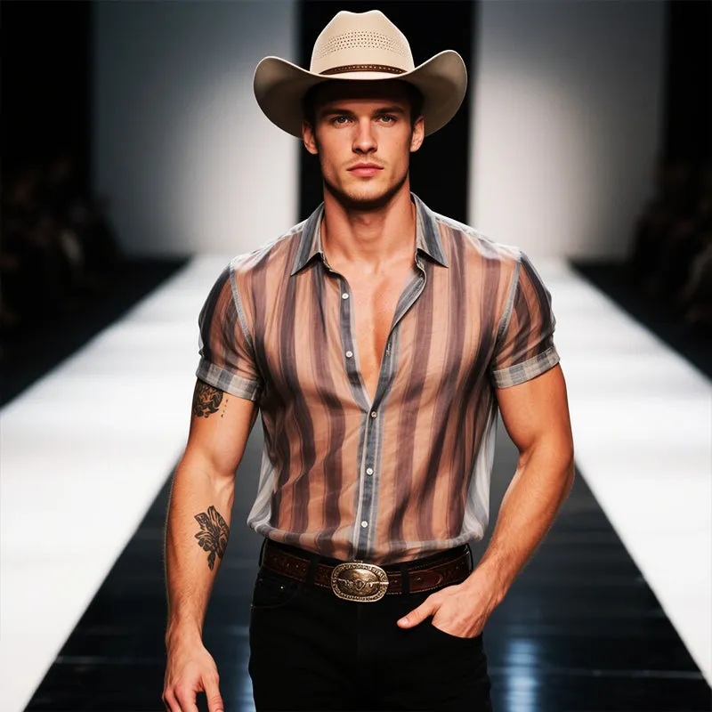 Men's Retro Casual Mesh Stripe Print Lapel Short Sleeve T-Shirt MTA2293E1TO sold by Manly product image thumbnail 3