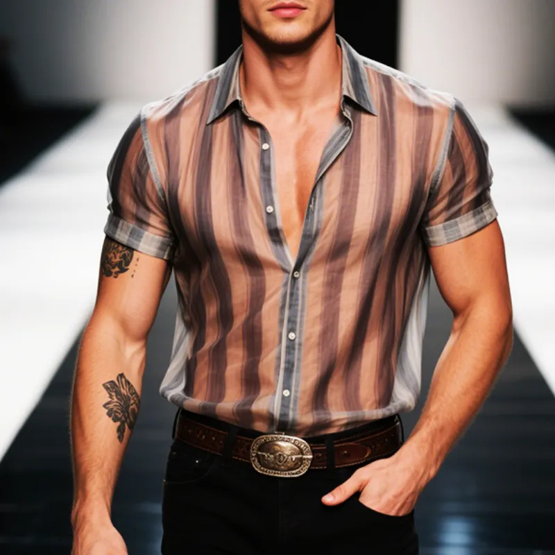 Men's Retro Casual Mesh Stripe Print Lapel Short Sleeve T-Shirt MTA2293E1TO sold by Manly product image thumbnail 2