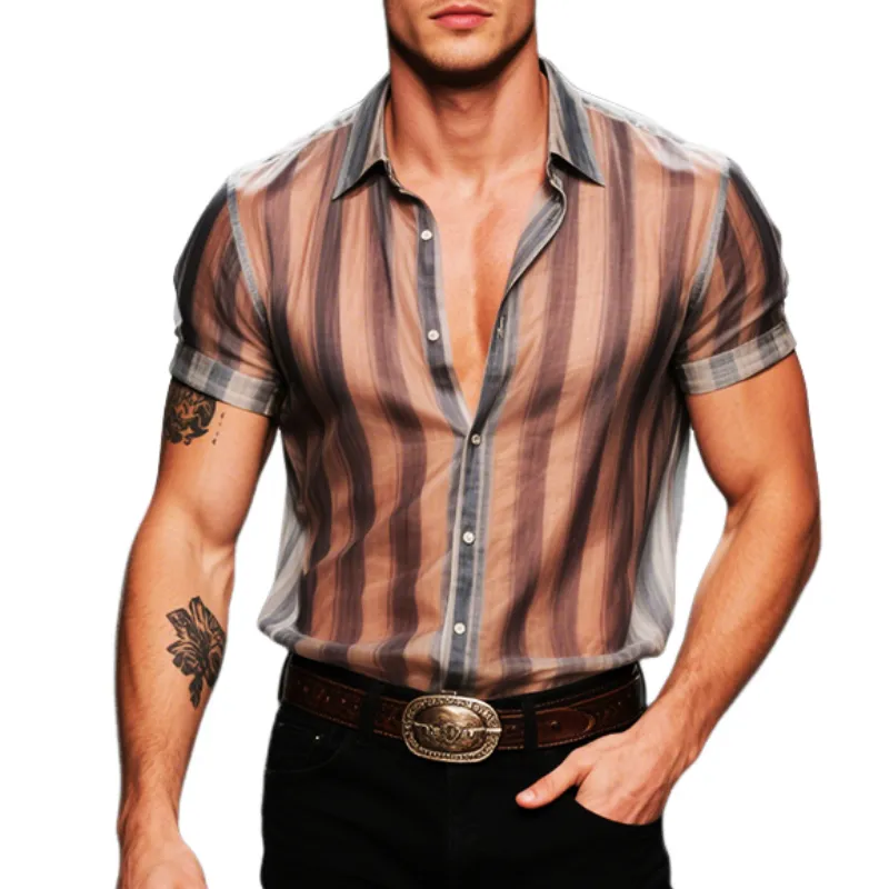 Men's Retro Casual Mesh Stripe Print Lapel Short Sleeve T-Shirt MTA2293E1TO sold by Manly