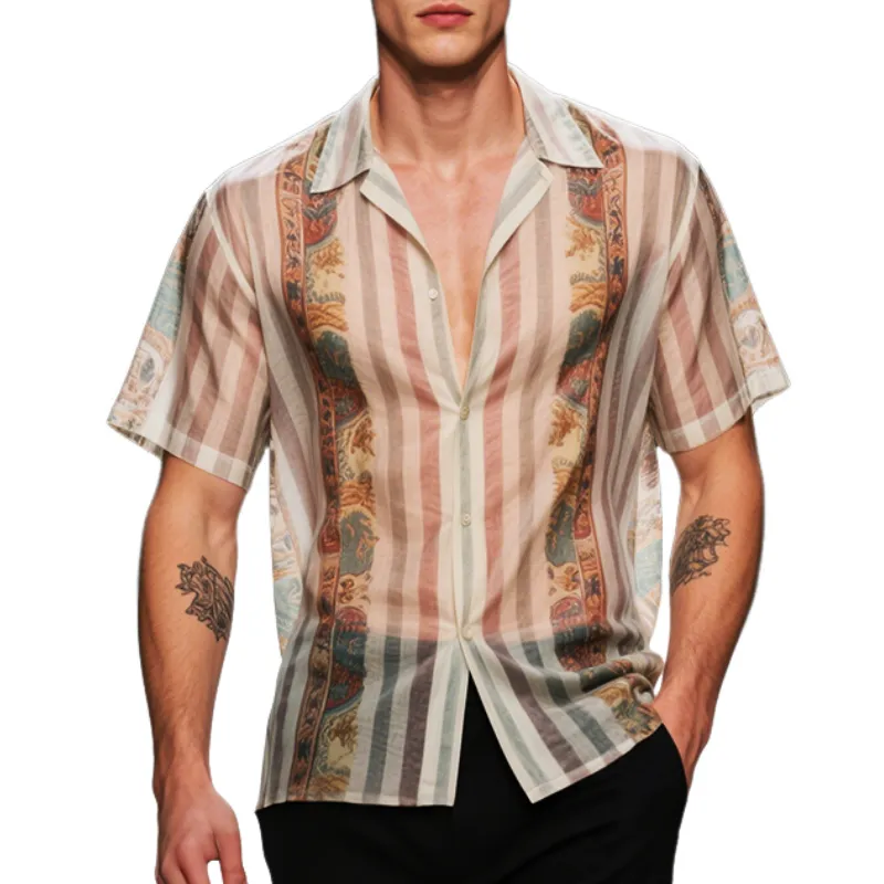 Men's Retro Casual Mesh Stripe Print Lapel Short Sleeve T-Shirt MTA2209E6TO sold by Manly